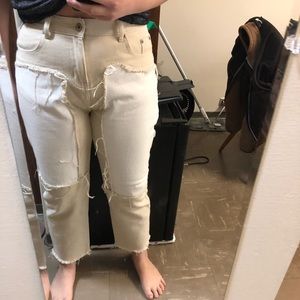 Pol Beige and White Ripped Straight Leg Jeans